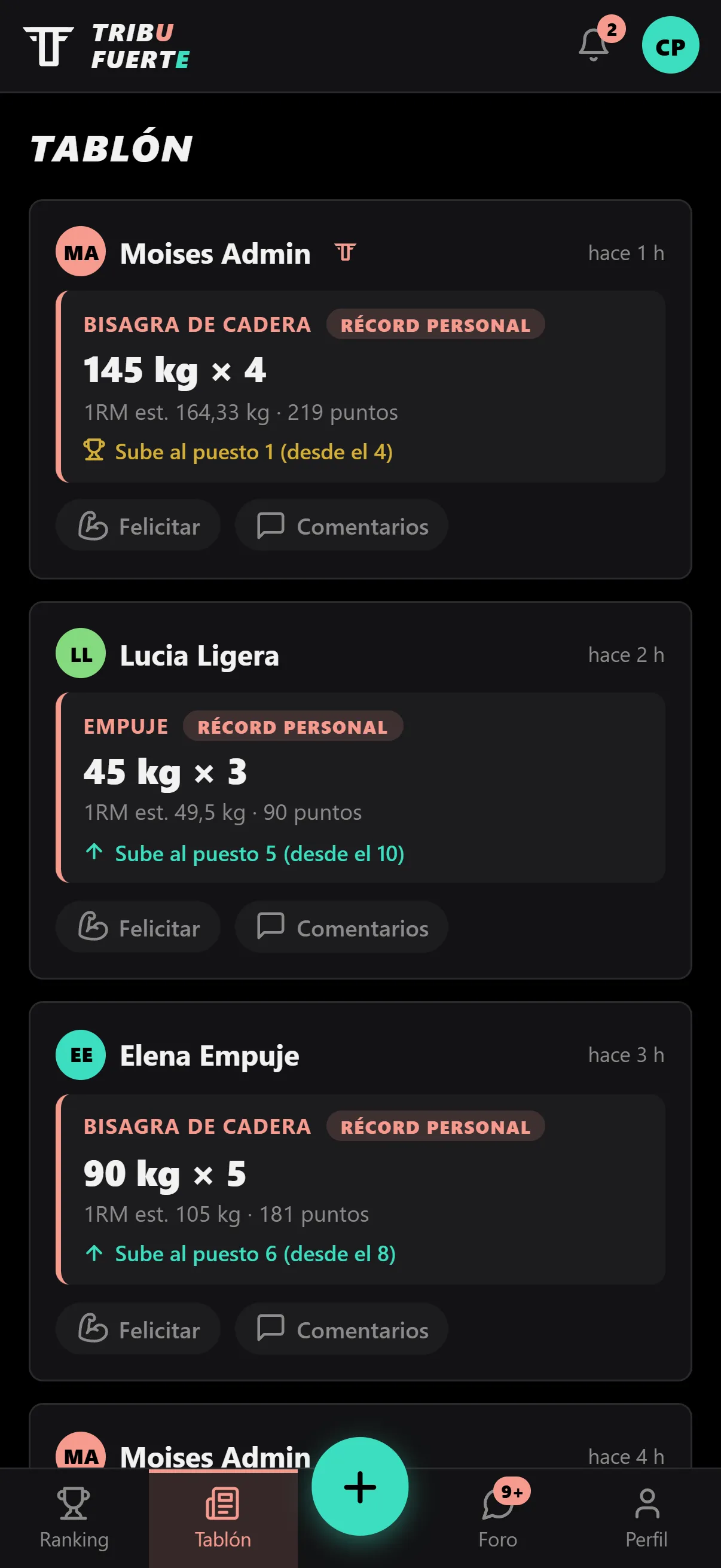 Tribu Fuerte app: the community feed with new records and comments